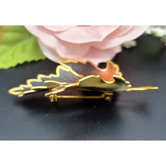 Gold Tone & Brown Textured Fall Maple Leaf Brooch Pin MINT 2" - Picture 4 of 5